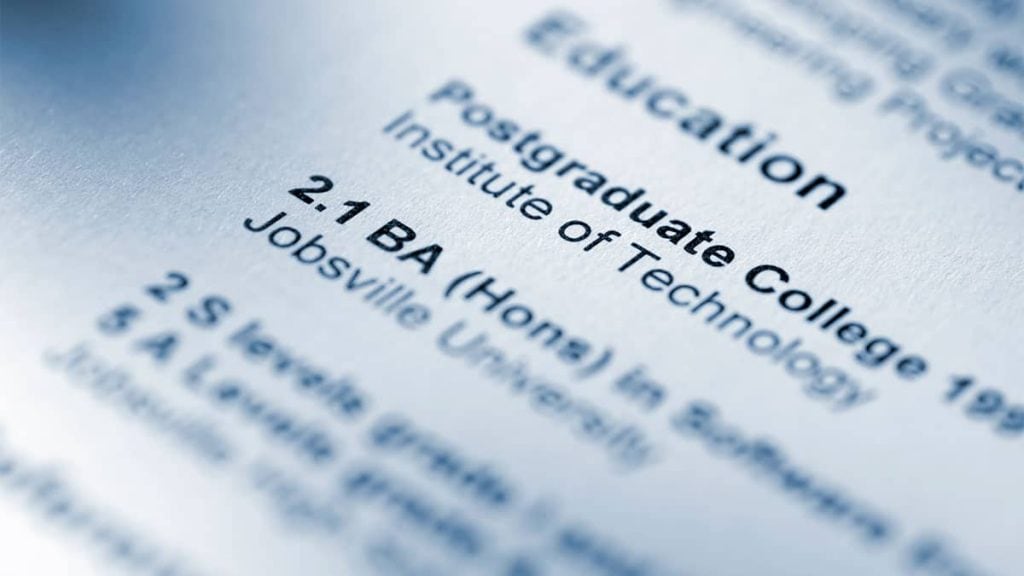 A close up of the education section of a printed CV